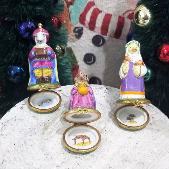3 Limoges Artoria Three Wisemen Kings Epiphany Enamel Porcelain Trinket Boxes - Picture 3 of 5
